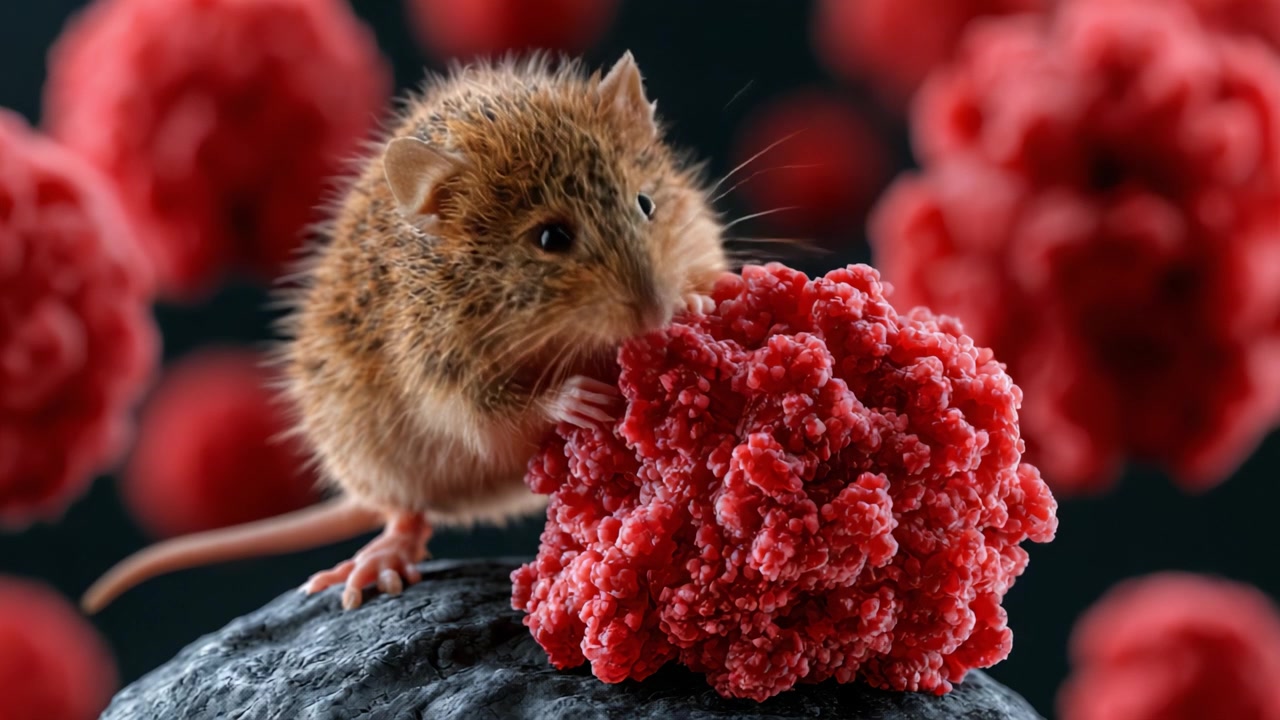 Un'esplorazione ravvicinata di un piccolo roditore con una vivace struttura rossa, su uno sfondo di particelle rosse sfocate, catturando un momento unico nel microcosmo della natura.