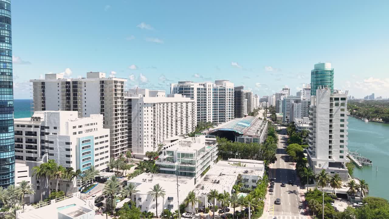 Establishing Drone Shot of Miami Beach, Condominium Towers and Buildings Along Indian Creek and Collins Avenue, Florida USA