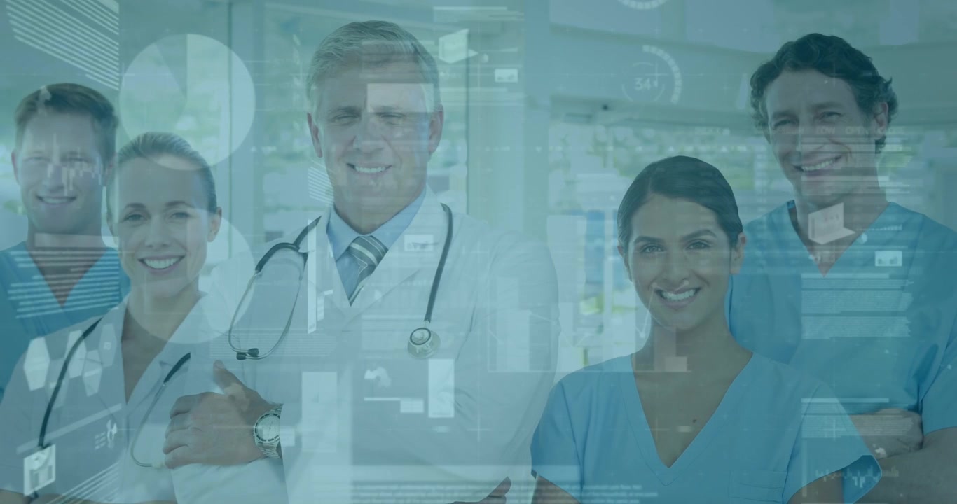 Animación de gráficos y datos sobre médicos diversos y felices mirando a cámara