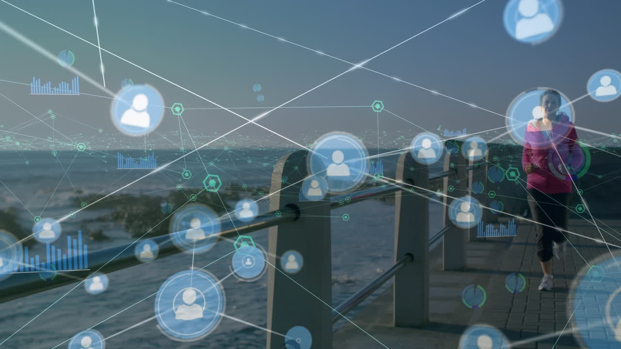 animación de la red de conexiones con iconos sobre la mujer biracial corriendo