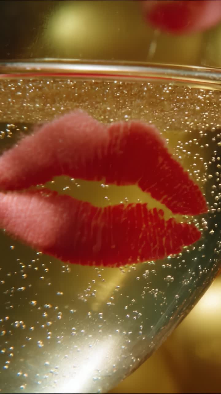 Un brindisi romantico: bollicine affascinanti e un segno sensuale di labbra su un calice di champagne, catturato alla perfezione in due inquadrature che celebrano l'eleganza e la connessione