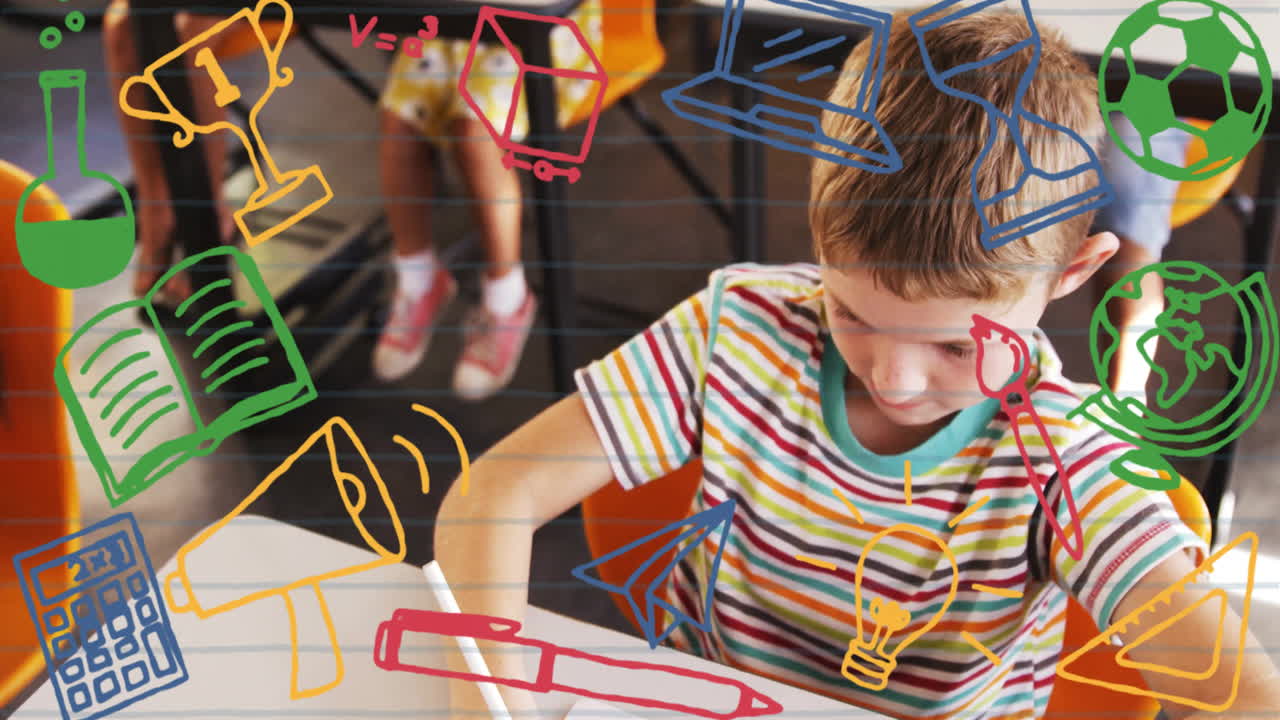 En la escuela, un niño escribiendo rodeado de animación colorida y garabatos educativos.