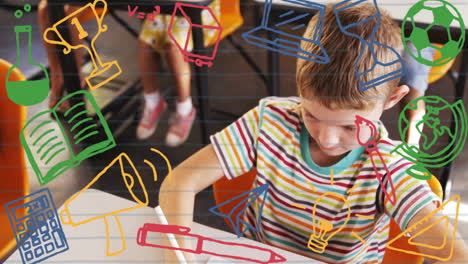 in school, child writing surrounded by colorful animation and educational doodles