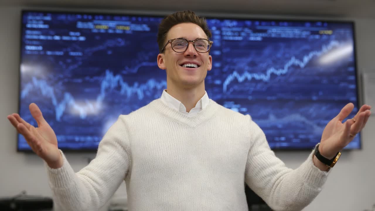 A Confident Presenter Engages the Audience with Financial Insights and Market Trends While Standing Against a Digital Analysis Background