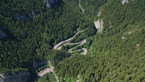 aerial of bicaz-chei gorge and extreme winding roads through the romanian national park