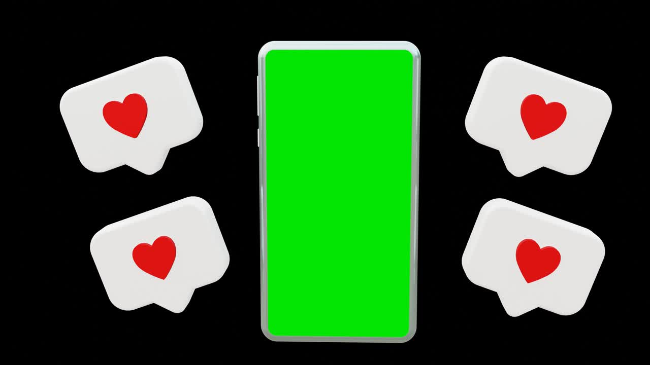modern smartphone and love icon with green screen on black background . 3d illustration rendering . 4k resolution video . for business, market and etc . Computer generated image . Easy customizable