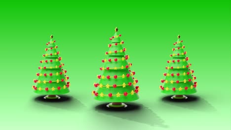 Animation-of-christmas-trees-spinning-on-green-background