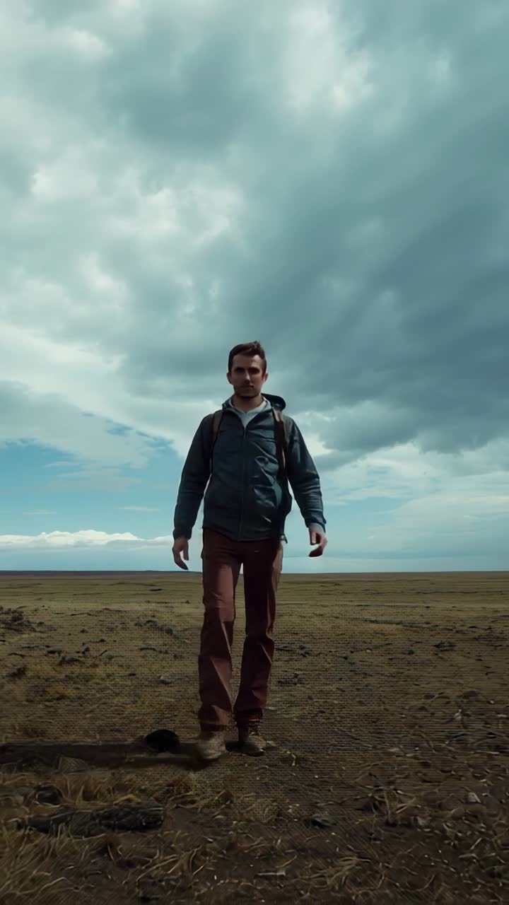 Vídeo vertical: Caminhante masculino apressado pela tempestade, carregando mochila e vestindo moletom com capuz em uma planície.