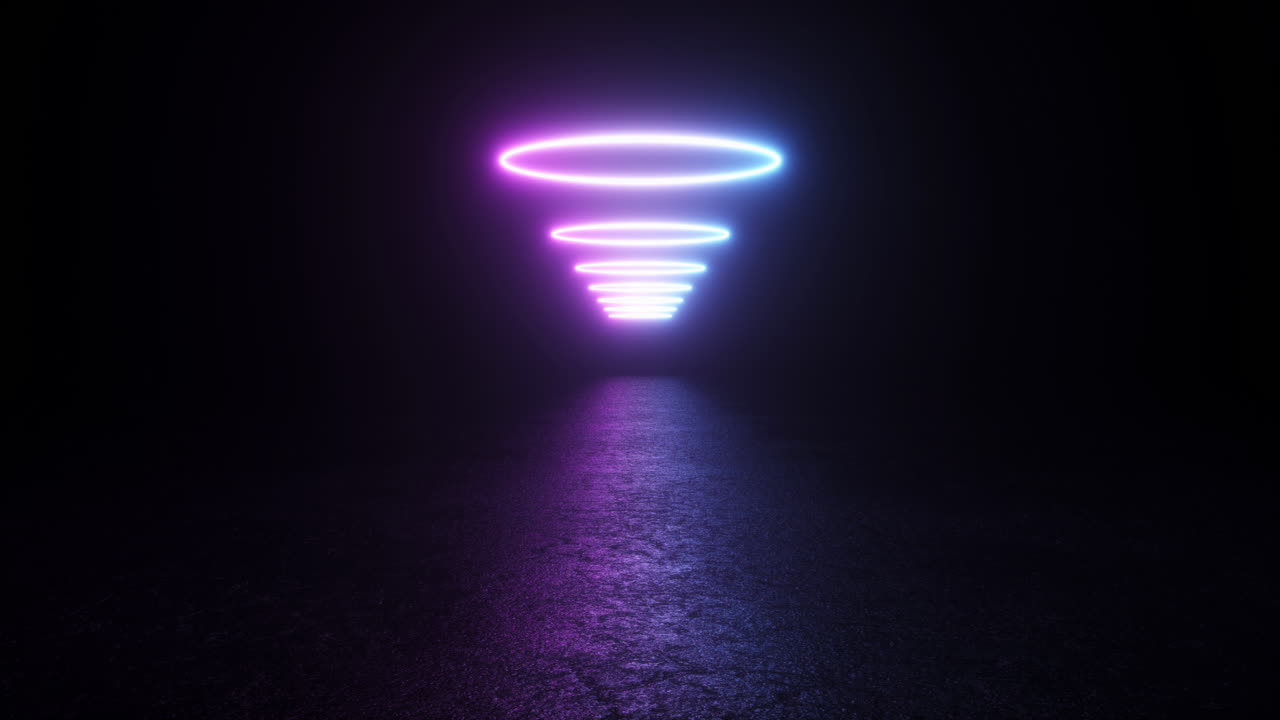 anillos de neón púrpura de luz suspendidos por encima del asfalto