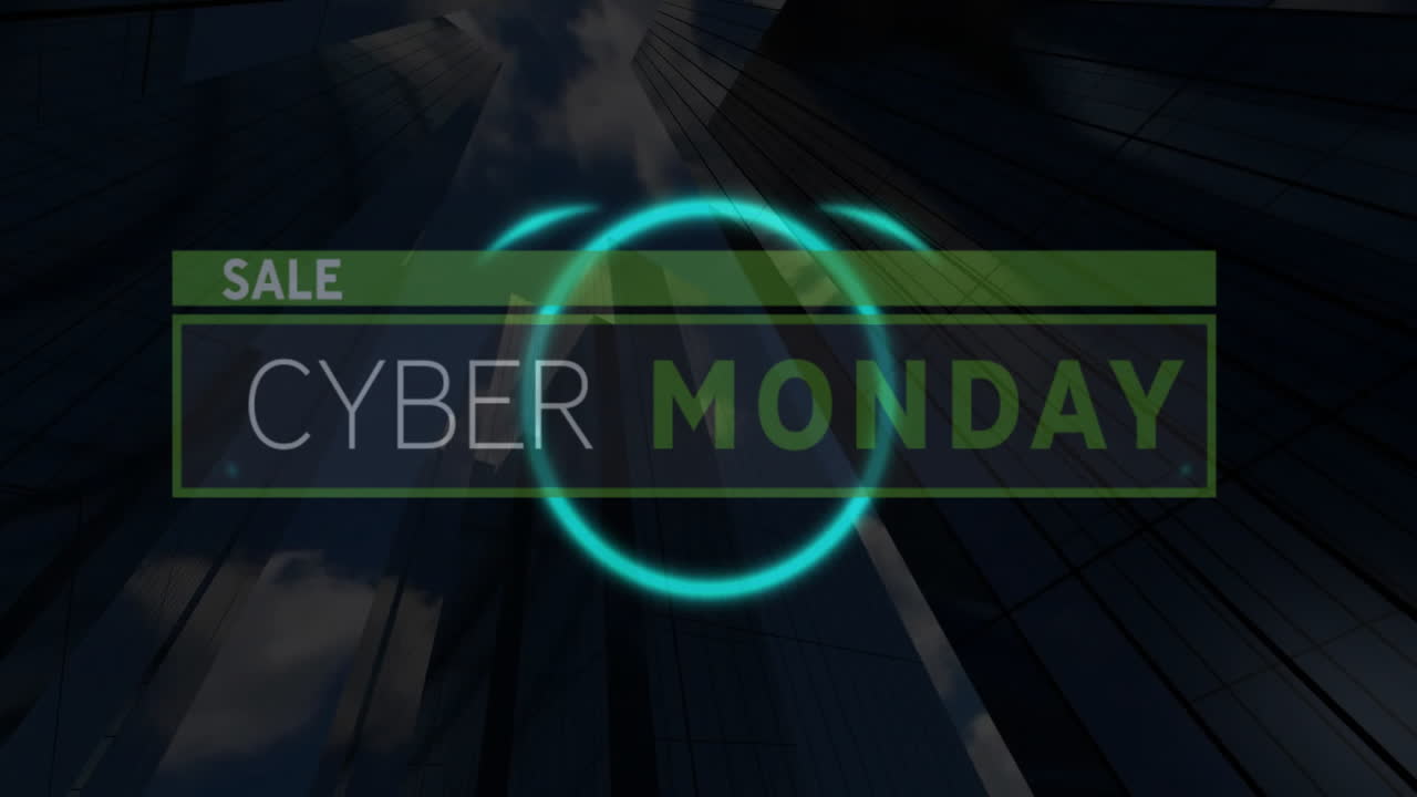 Glowing circle with Cyber Monday sale animation over skyscraper background