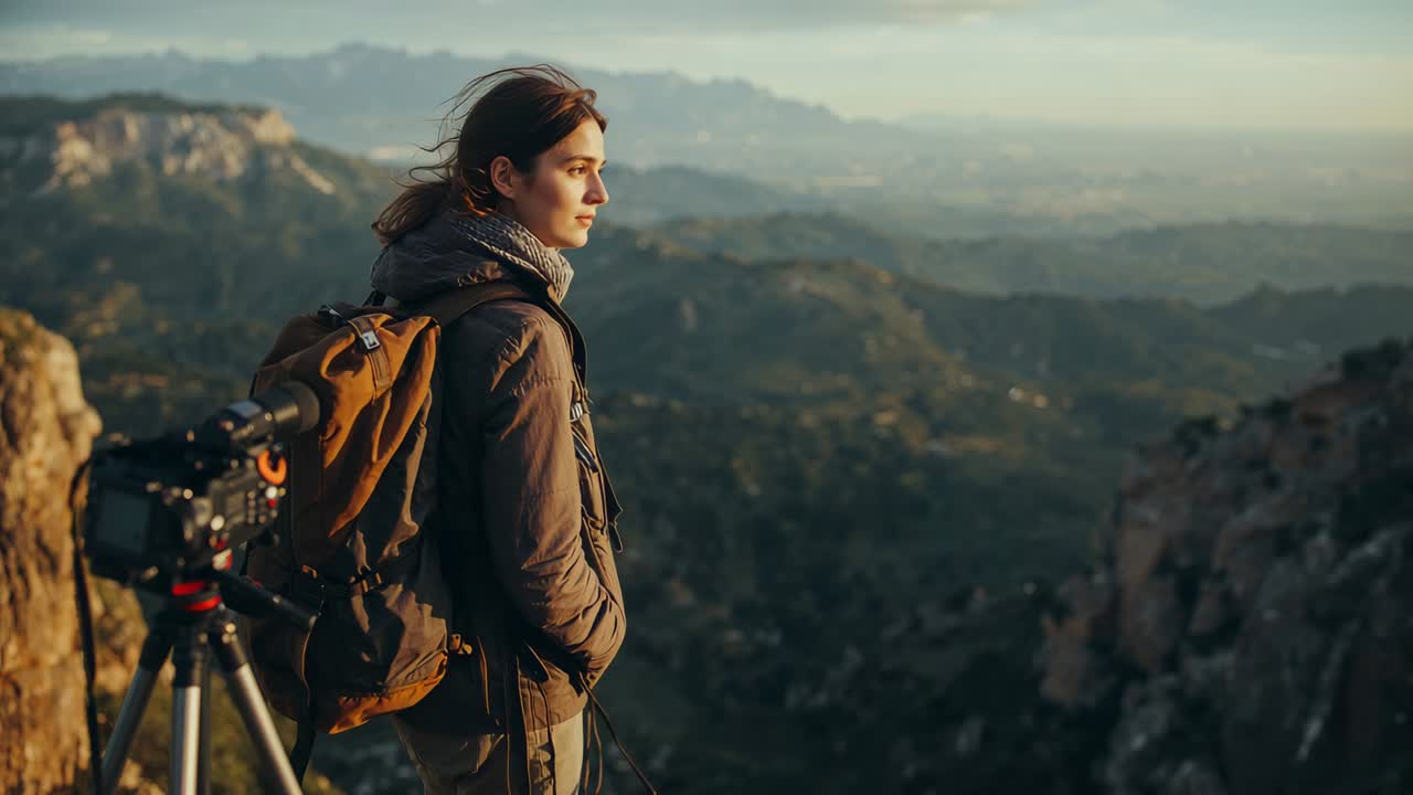 Observing woman wearing jacket scarf backpack at cliff, turning toward sun beside tripod camera