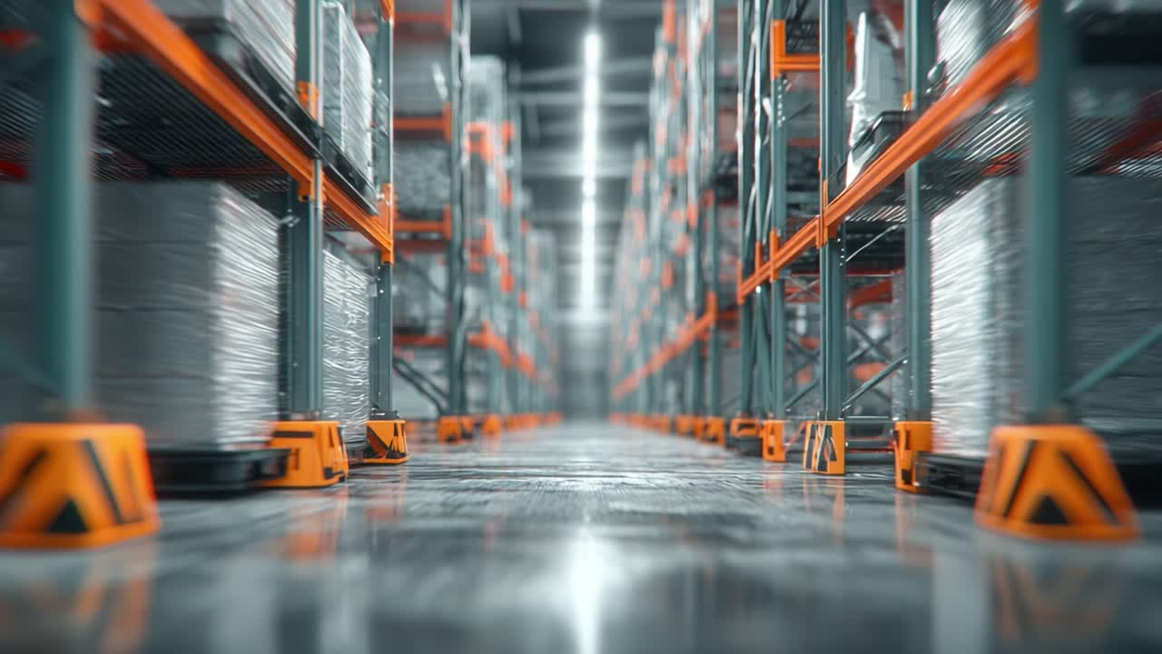 An Inside Look at a Modern Warehouse: Exploring the Organized Aisles of Stocked Shelving Units with Automated Systems Enhancing Efficiency and Productivity