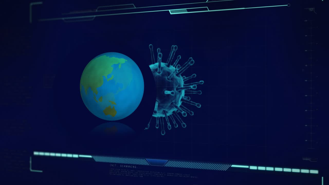 Animation of globe over data processing with virus cell on black background