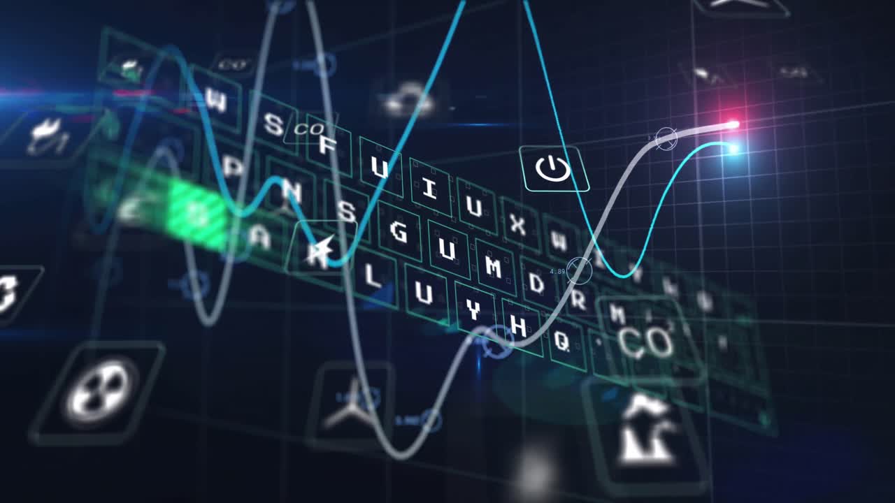 빛나는 그래프 위의 디지털 아이콘의 애니메이션과 파란색 배경에 대한 데이터 처리