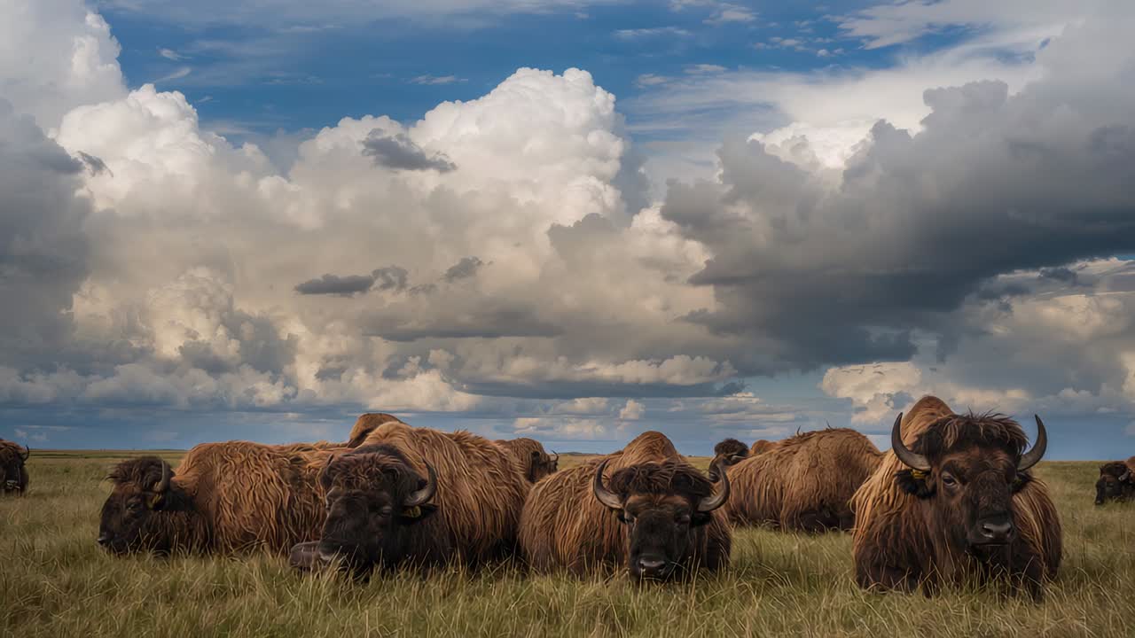 Approaching lens urging herd of shaggy bison lifting heads, moving through tall grass under clouds
