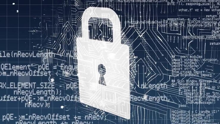 Animation of data processing and digital padlock over navy background
