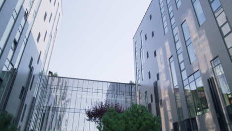 exterior del centro de negocios europeo al amanecer. jardín ajardinado con árboles verdes