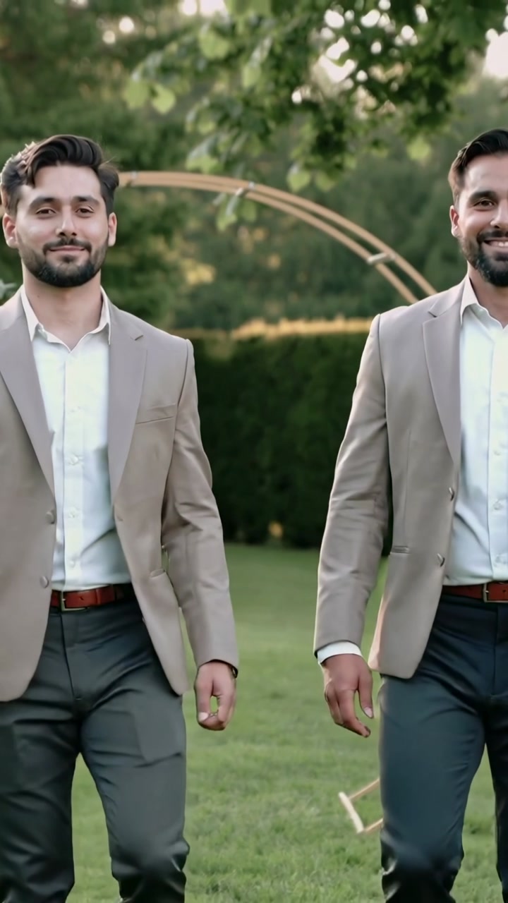 Vertical video: Cam rolling, two men walking on lawn under arch in suits with lapel mic for wedding