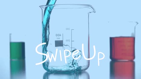 Animation-of-swipe-up-over-reagent-pouring-into-lab-glass-on-blue-background