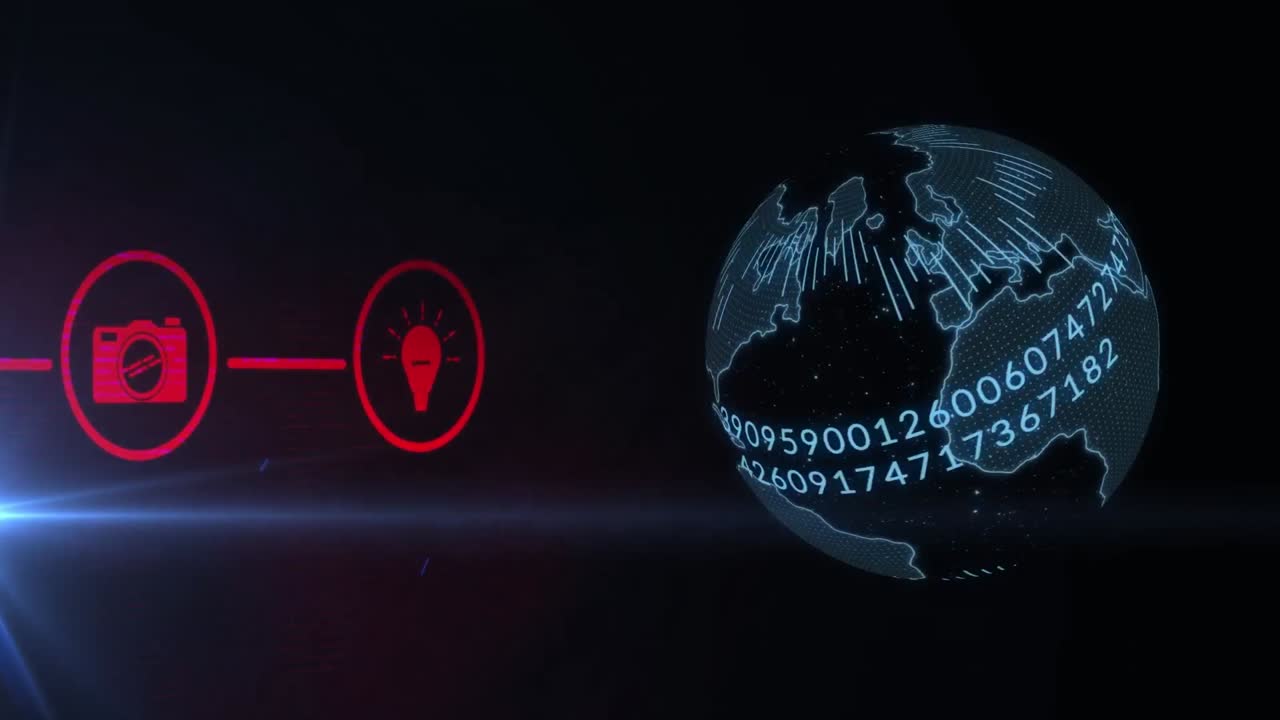 Animation of camera and bub icons over black background with globe