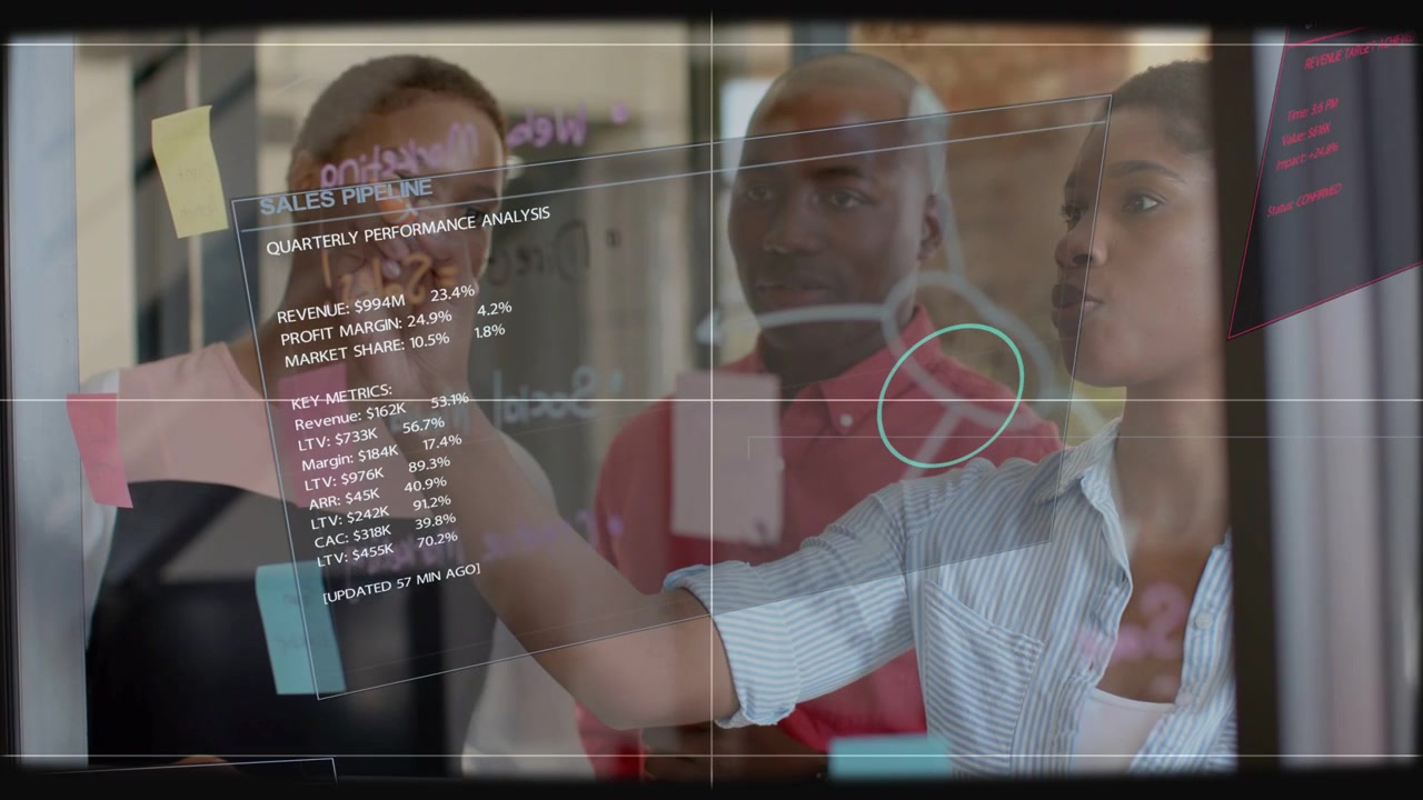 Analytics overlay appearing, three colleagues reading, circling graph and marking for planning