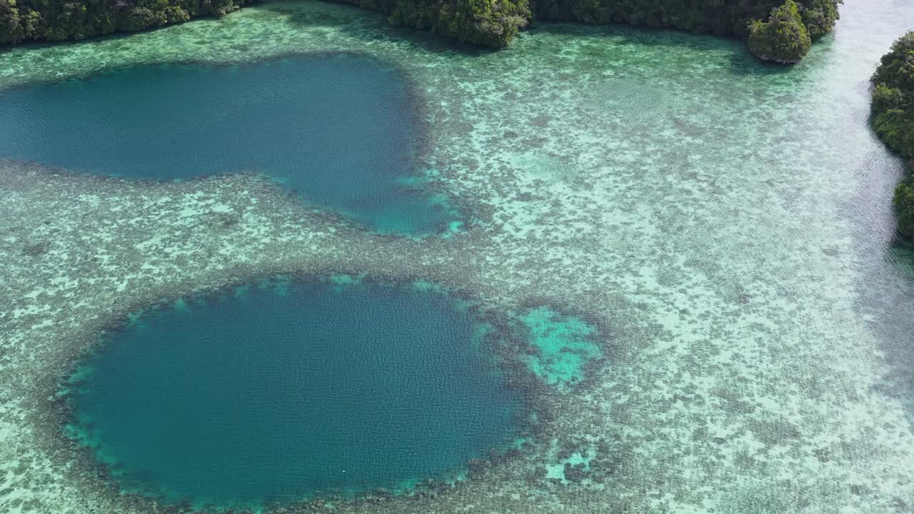 High angle drone shot captures turquoise lagoons and deep blue holes within Palau's coral reefs