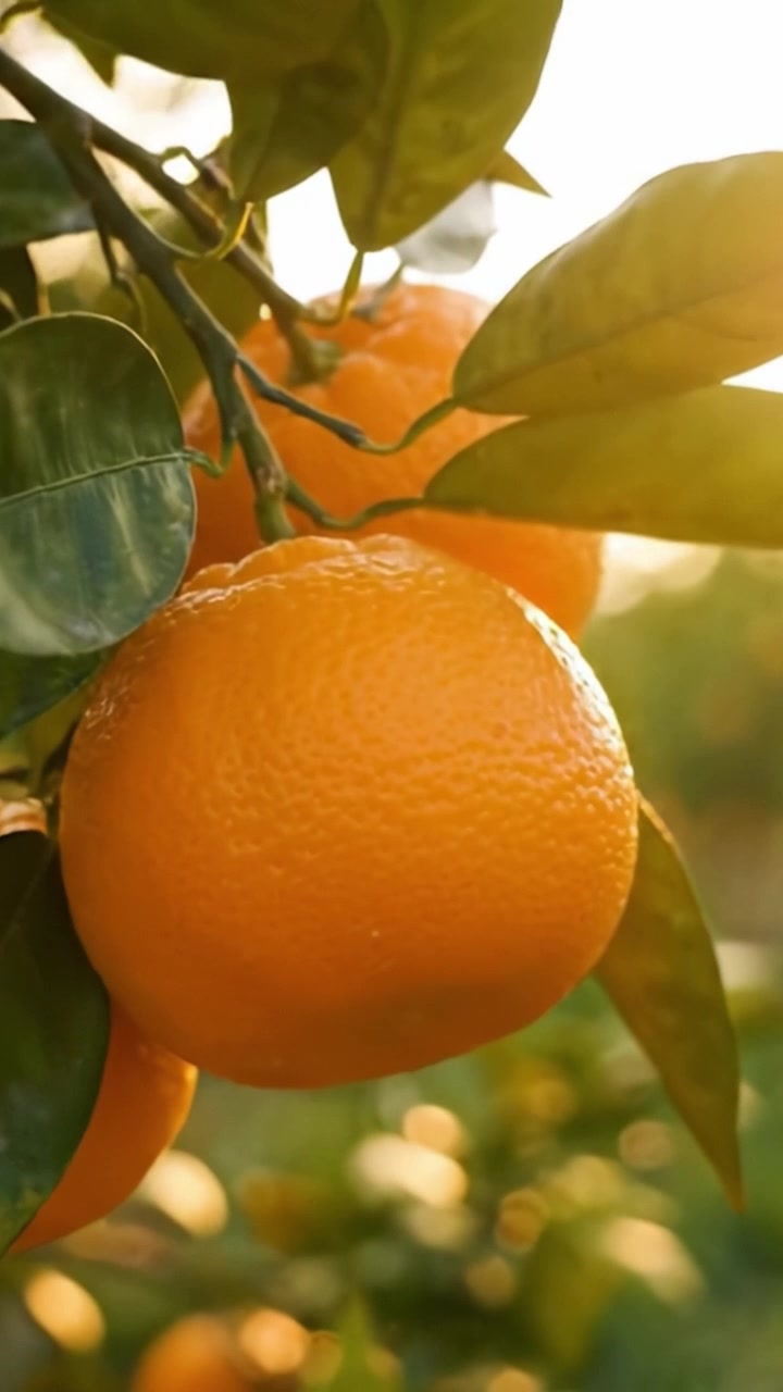 Arance succose appese vivacemente in un frutteto illuminato dal sole, che catturano l'essenza dei prodotti freschi e l'abbondanza della natura in un ambiente splendido.