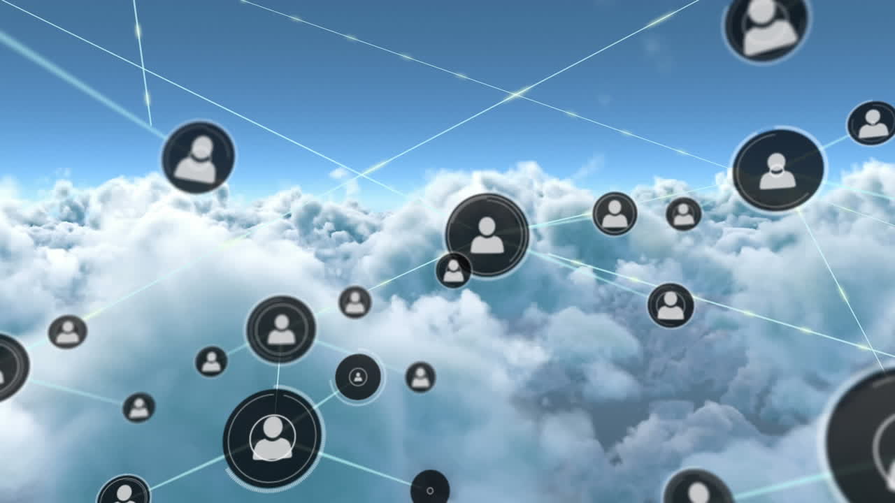 Animazione di una rete di connessioni di icone con persone su nuvole