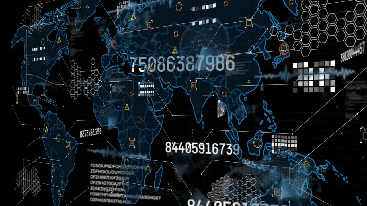 Mappa globale che proietta un contorno blu sul vuoto, con numeri rotanti, icone che spuntano e griglie esagonali pulsanti.