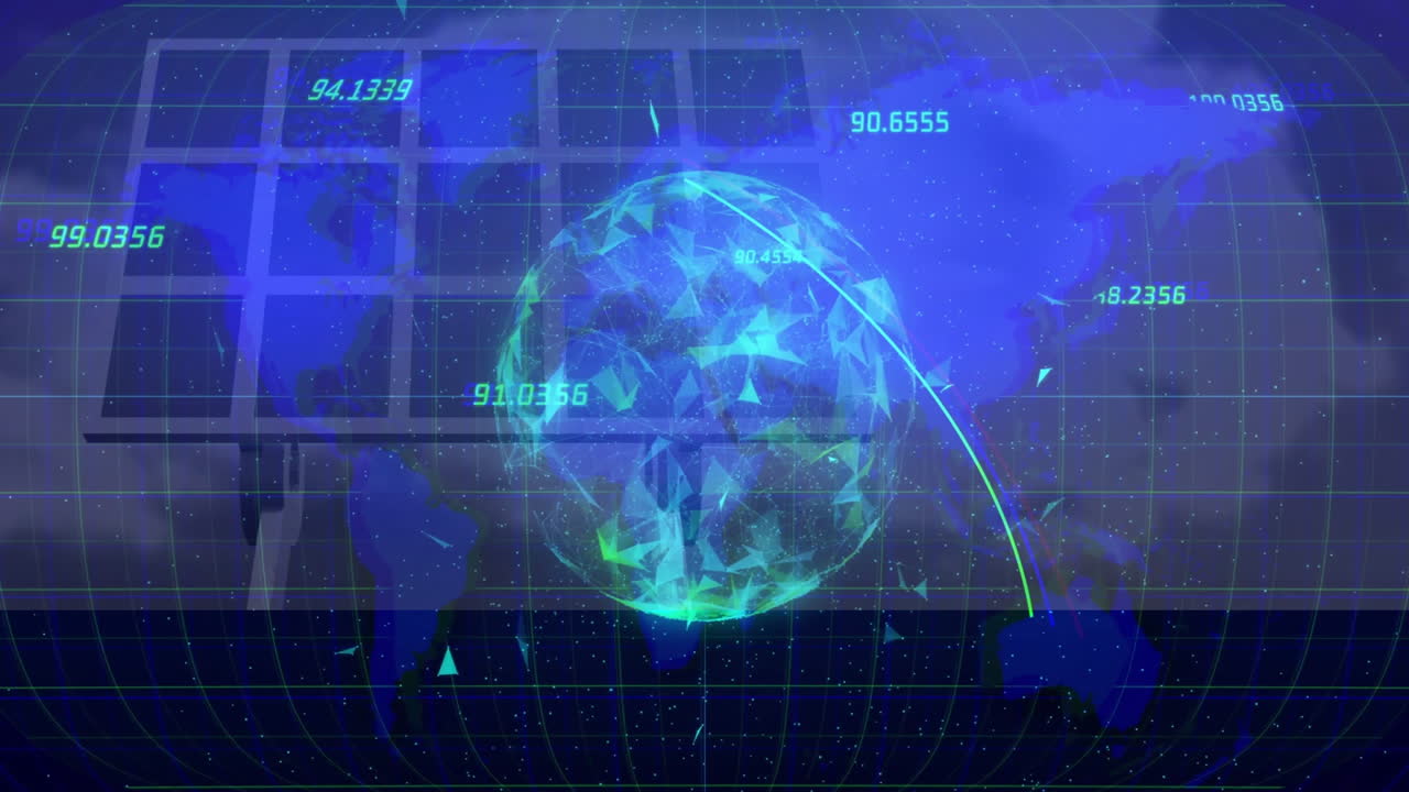 Digital globe with numerical data and network connections over world map animation