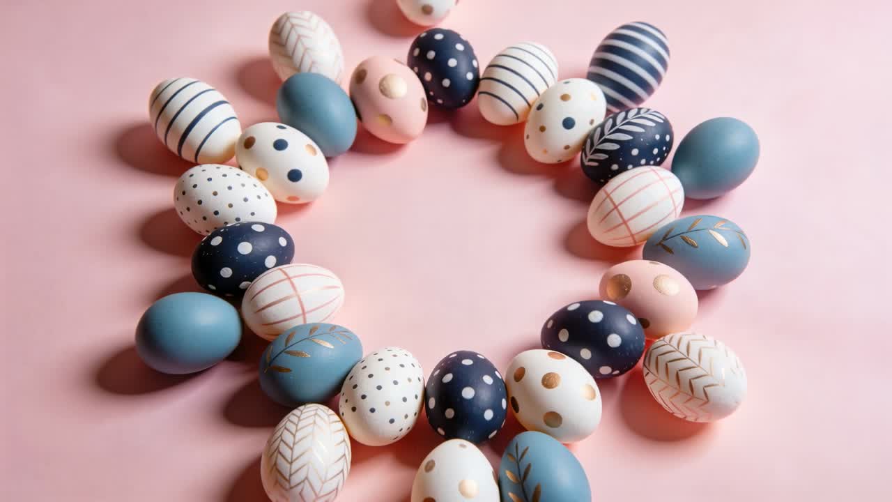 Rolling painted decorative egg wreath collapsing inward on pink mat, loose eggs nudging ring