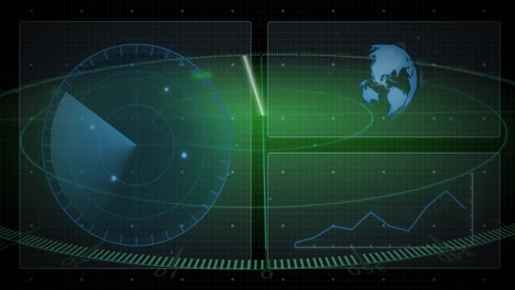 animation of scope scanning with data processing and globe on black background