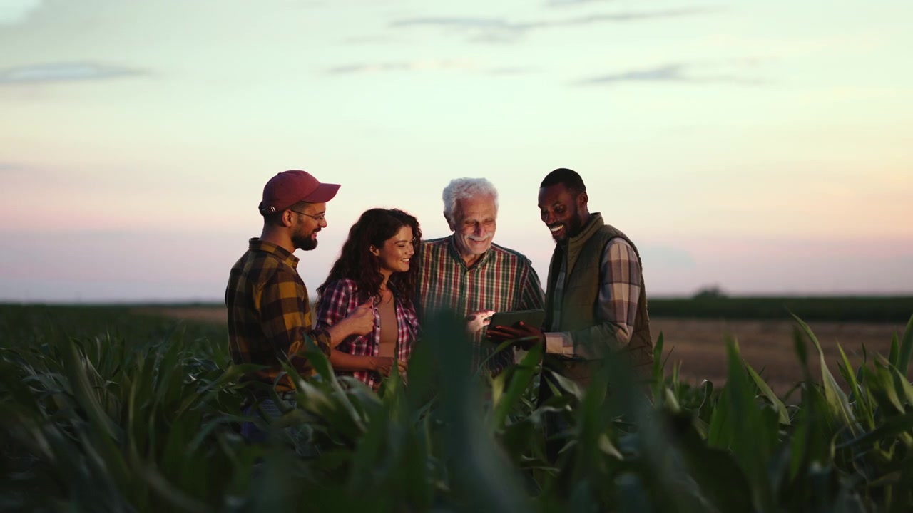 Diverse Group of Farmers Discussing Crop Data on Tablet in Cornfield