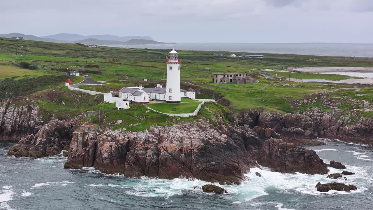 Fanad Head Lighthouse aerial panoramic of iconic landmark on Wild Atlantic Way, Ireland