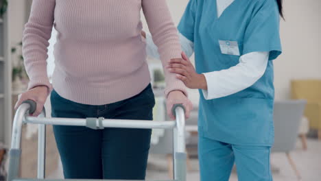 nurse, hands or senior woman walking with walker