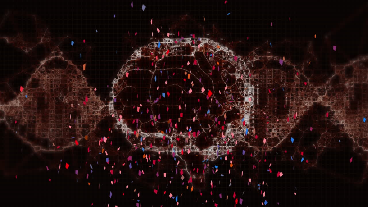 Animation of brain rotating with colourful confetti falling on black background