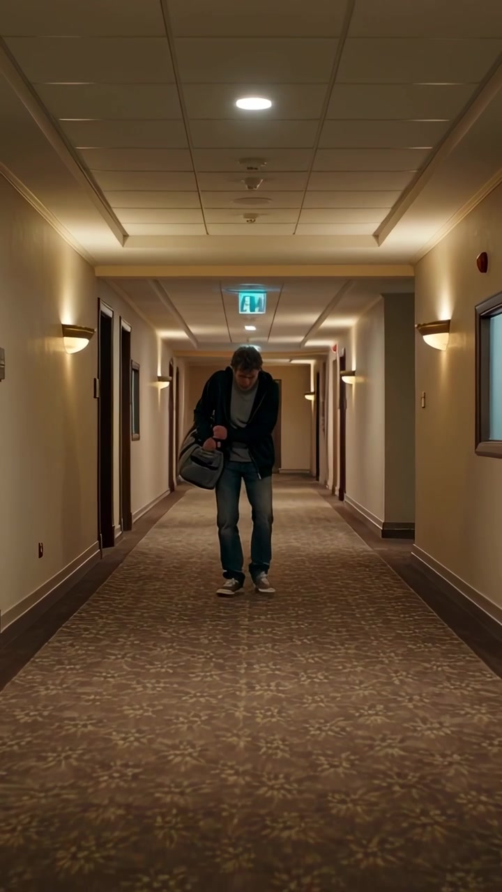 Vertical video: Walking from far end, man in hoodie bracing torso with duffel in hotel hallway