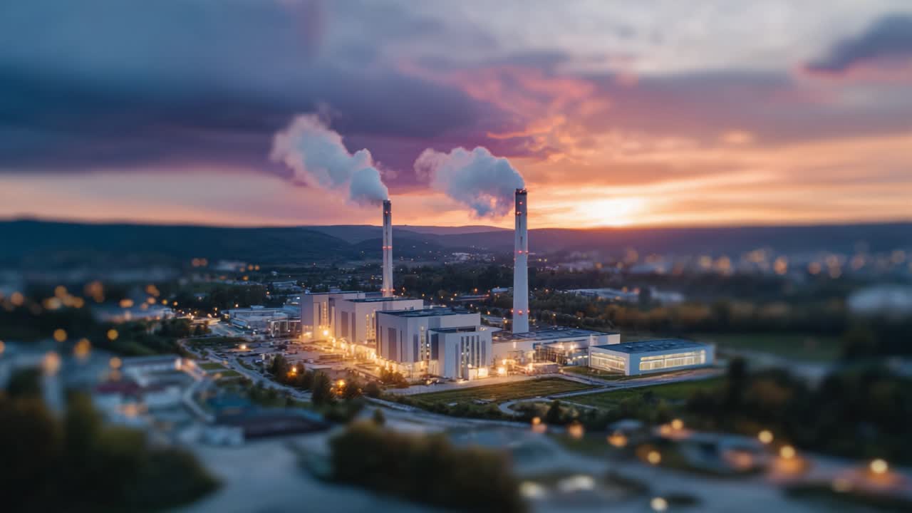 Un maestoso paesaggio industriale al crepuscolo: viste mozzafiato delle ciminiere di una centrale elettrica tra vivaci tonalità del tramonto e infrastrutture urbane illuminate.