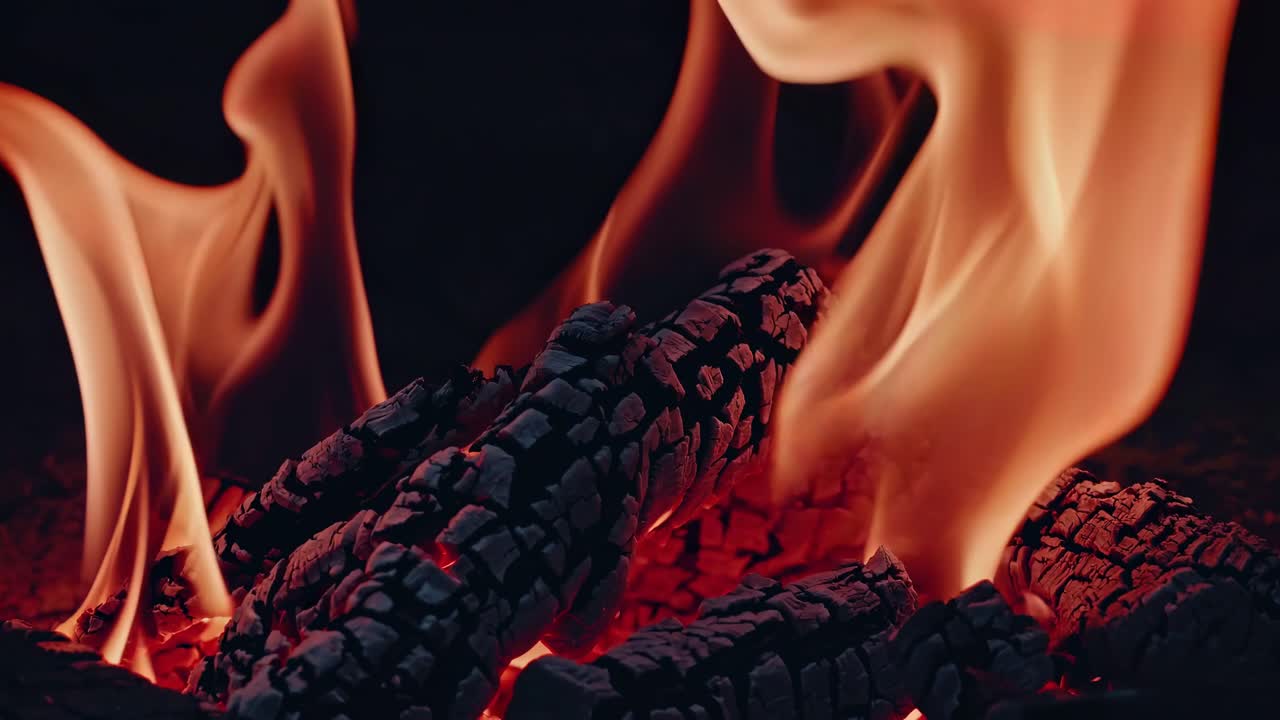 Nærbilledvideo af brændende træstammer med livlige flammer og glødende kul.