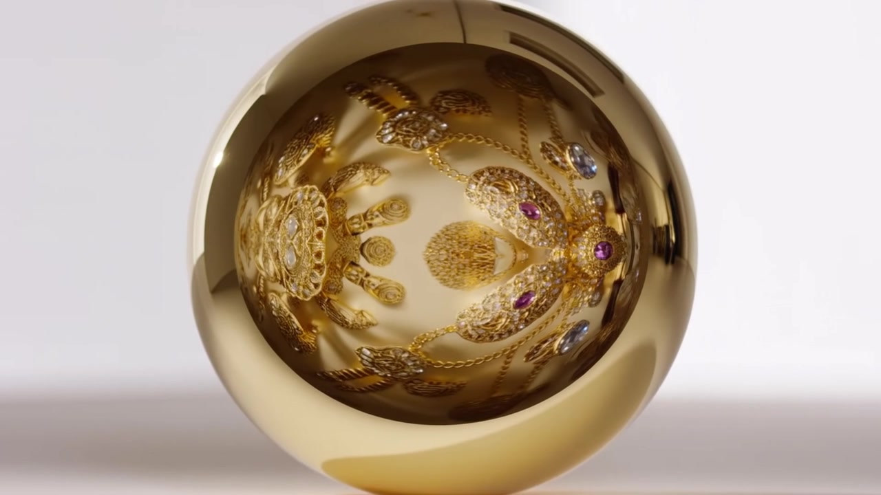 Esfera pulida giratoria que se eleva, revelando filigrana interna y gemas púrpuras sobre una mesa blanca.