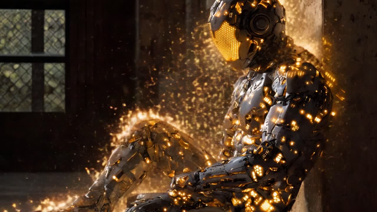 A stunning robotic figure radiates a mesmerizing golden glow, sitting against a wall, conveying a sense of introspection amidst a backdrop of scattered digital sparkles in a dimly lit room