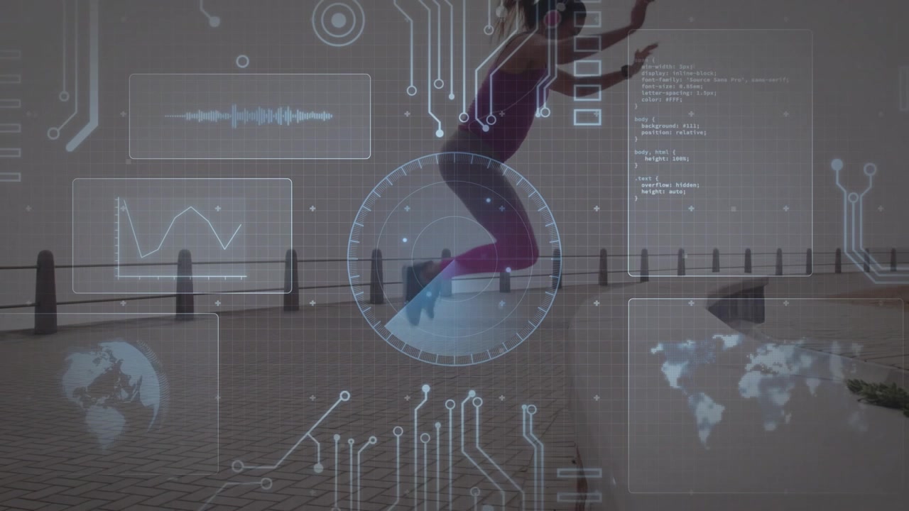 Woman wearing purple top shifting weight back, leaping onto wall for fitness tracking via HUD
