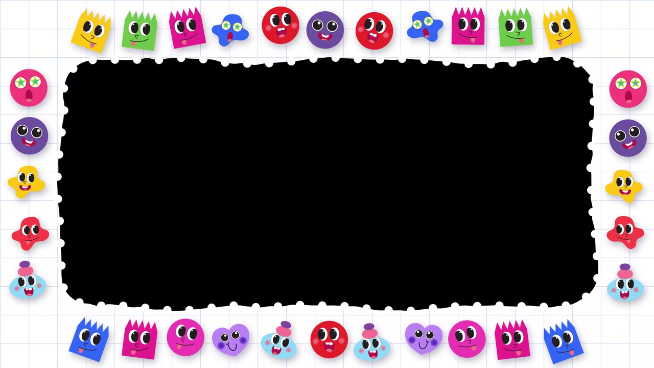 Hand-drawn animated border loop of colorful smiling shapes surrounding a whiteboard frame with copy space.