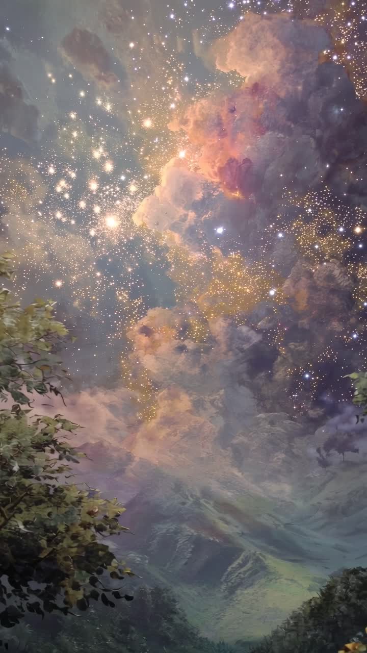 A mesmerizing video of a starry sky with lush foliage, captured from a low angle