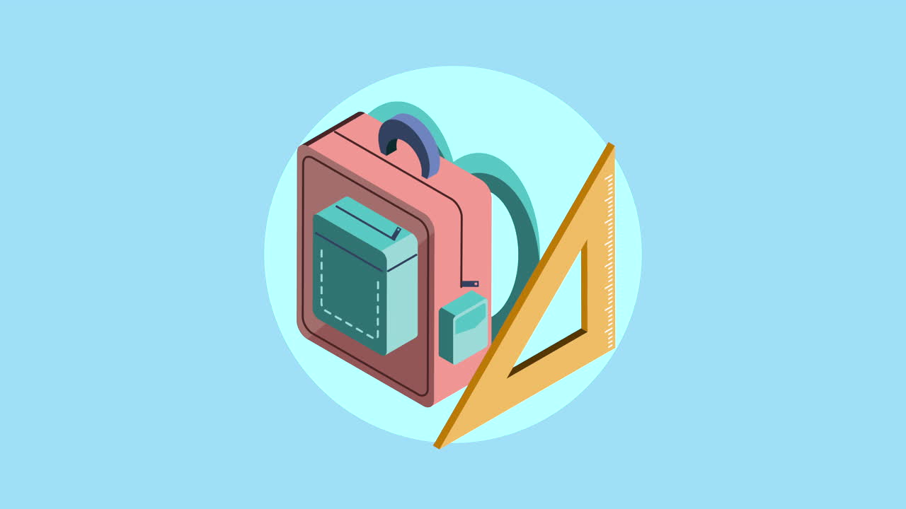 schoolbag and rule isometric style animation