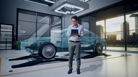 técnico automotriz que utiliza herramientas digitales para inspeccionar el coche