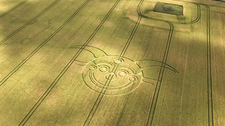 Ombre di nuvole che passano su una formazione di cerchi nel grano a forma di giullare sulla dorata terra agricola del Wiltshire
