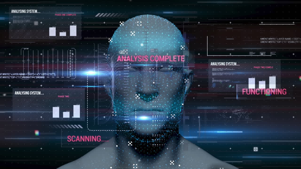 Animation of human head with digital interface data processing text