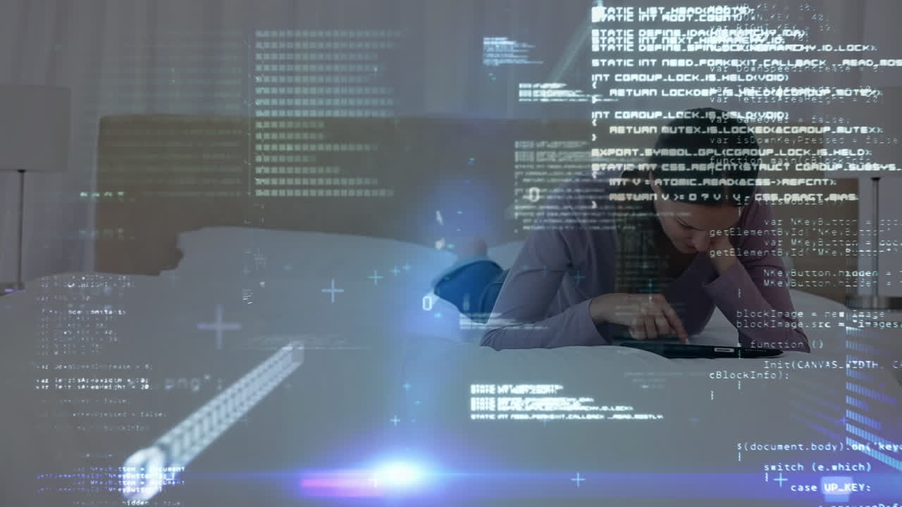 Animation of data processing over female student using digital tablet learning from home