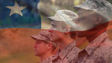 animation of flag of chile over diverse male soldiers